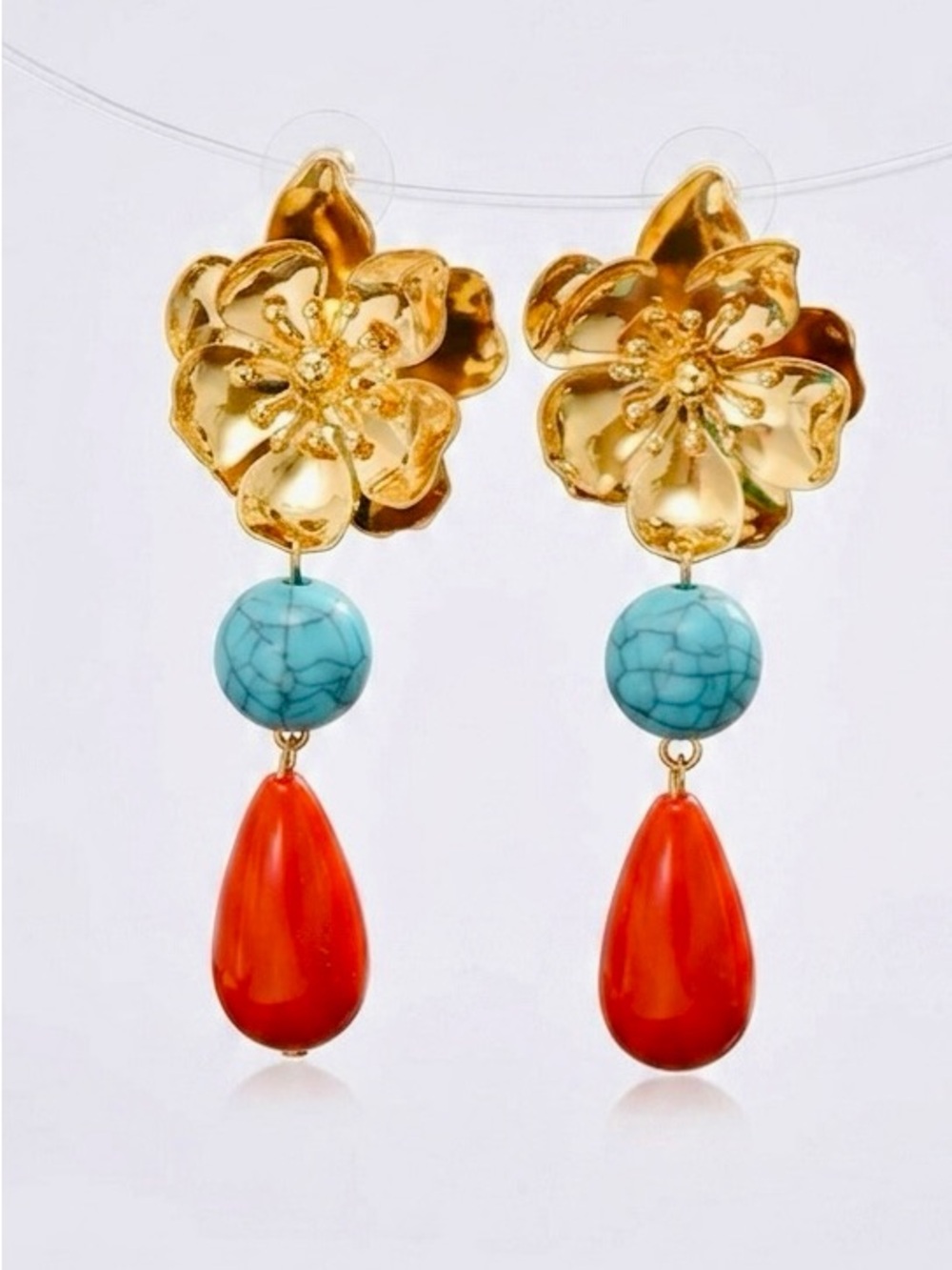 Floral Drop Earrings |Retro Gold Flower Turquoise & Red Resin Statement Earrings - Picture 2 of 6